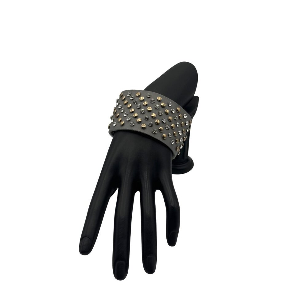 Wide Cuff Bracelet Rivet Crystal Studded Gray Snap Closure Statement Jewelry